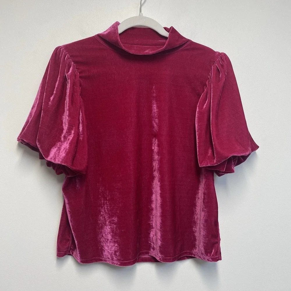 Free People Velvet Puff Sleeve Claudia Top Size Large Fuschia Pink